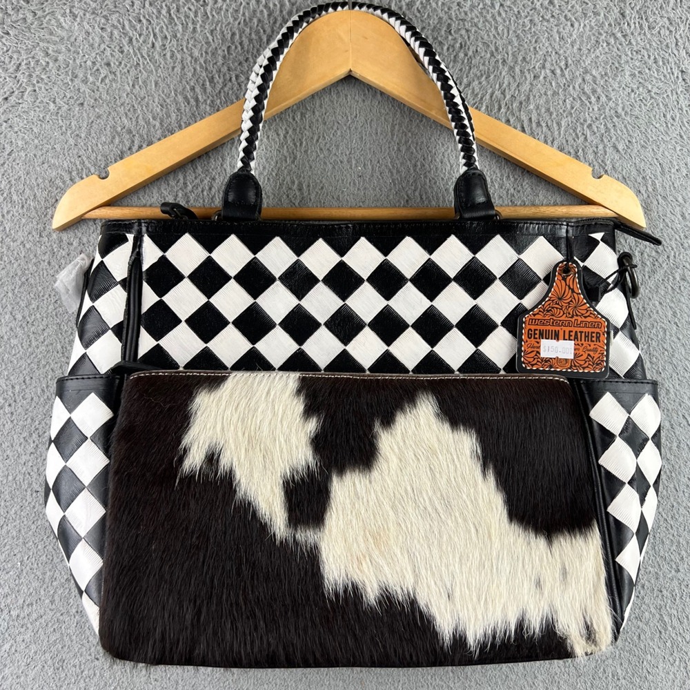 Western Linen Genuine Leather Cowhide Checkered Tote Bag Black White Handcrafted